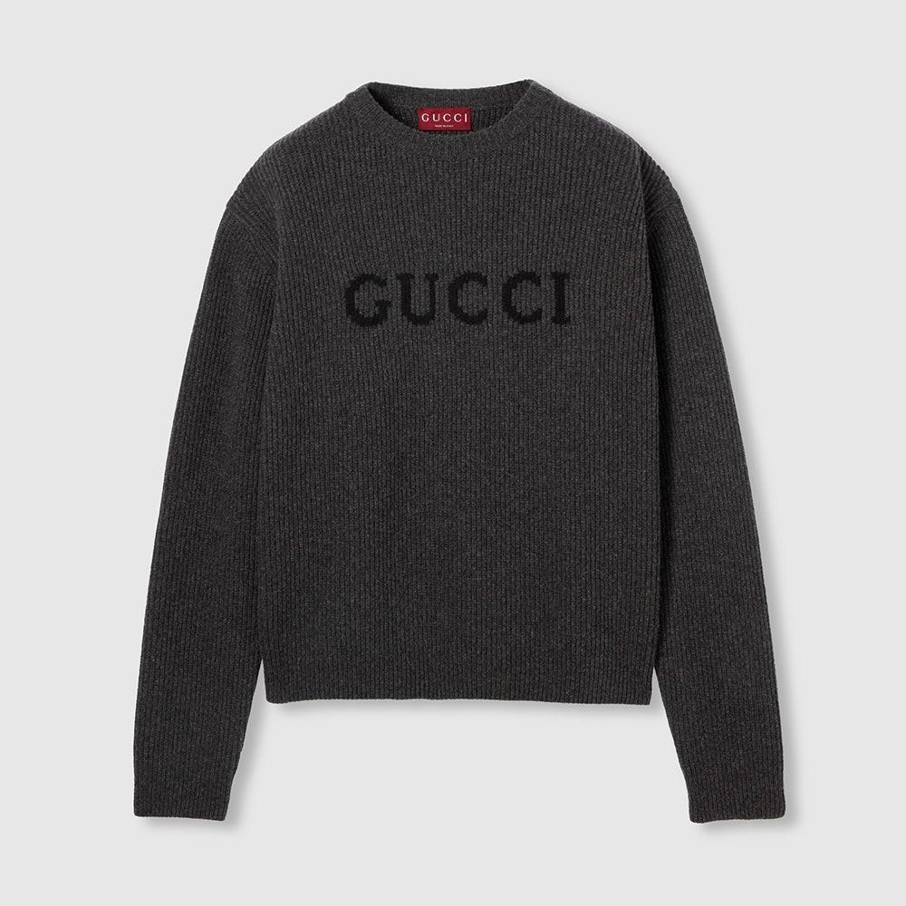 Gucci Wool Cashmere Rib Knit Sweater in Dark Grey and Black #332663