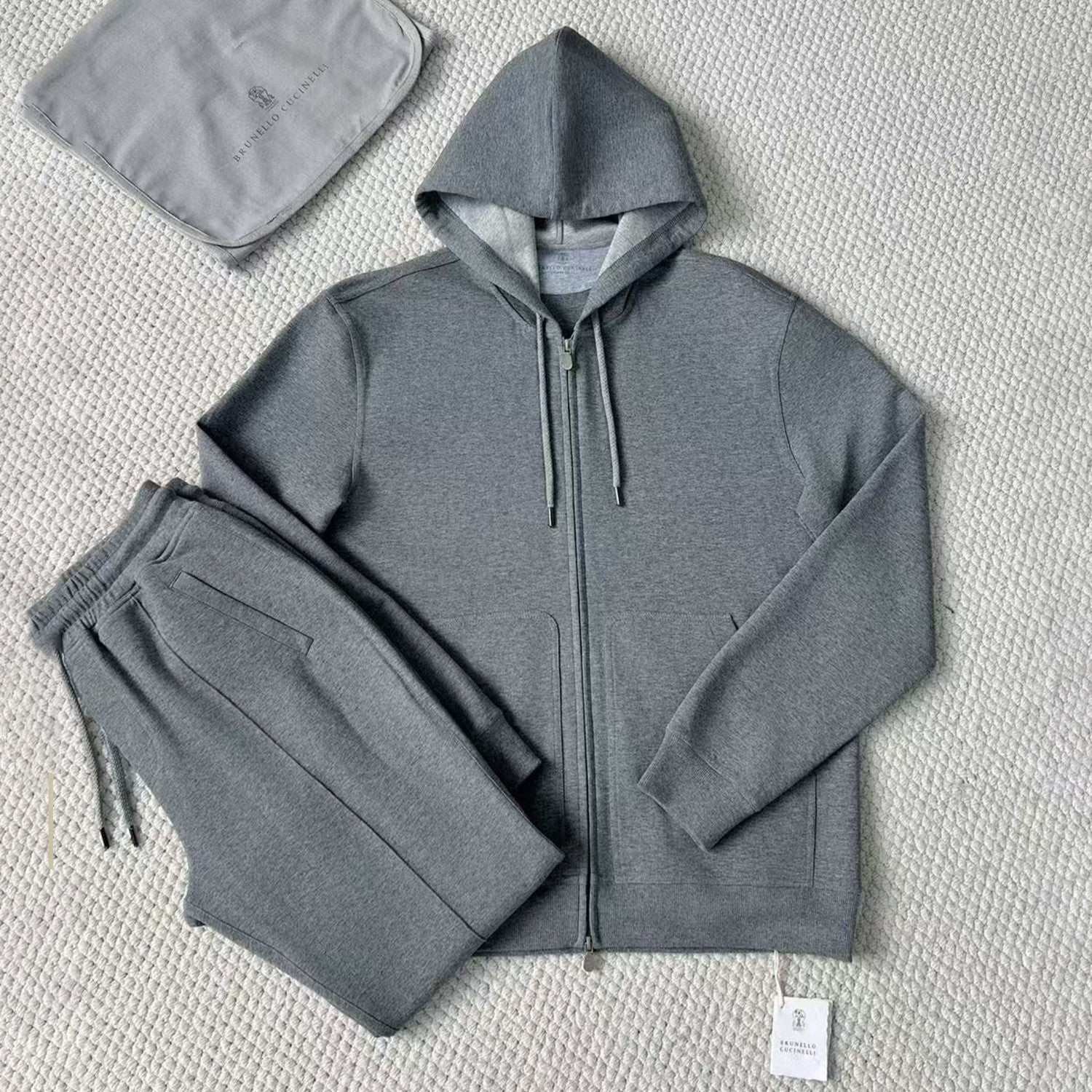 Brunello Cucinelli Men's Solid Colour Hooded Zip Sweatshirt Jacket Drawstring Comfort Straight Trousers Pants Sweatpants Suit Set  #81324