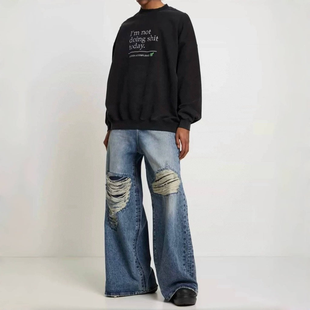 Vetements Men's Four Seasons Hole Blue Vintage Old Jeans Loose Straight Casual Wide Leg Pants Ngvp #9123
