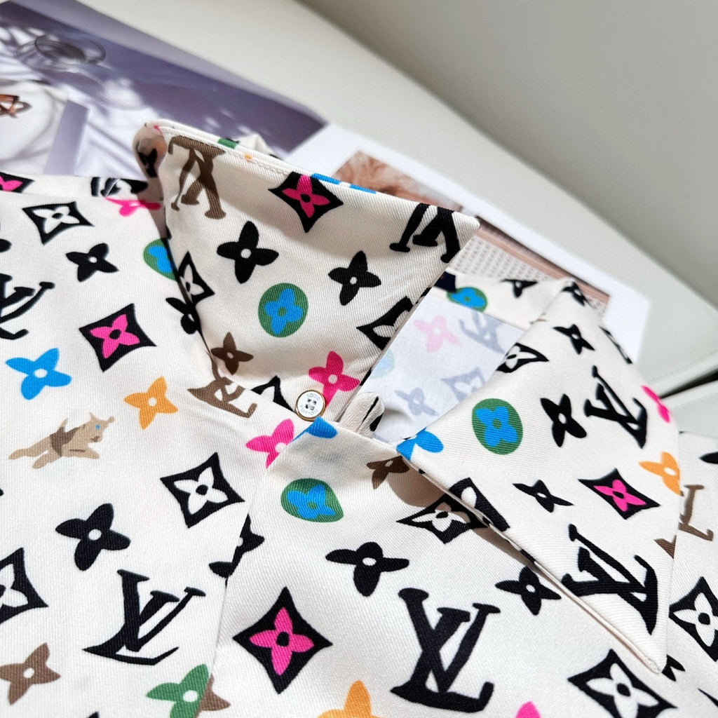 Louis Vuitton Men's Summer Logo Full Print Single Breasted Short Sleeve Shirt Elasticated Waist Shorts Suit Set #99155
