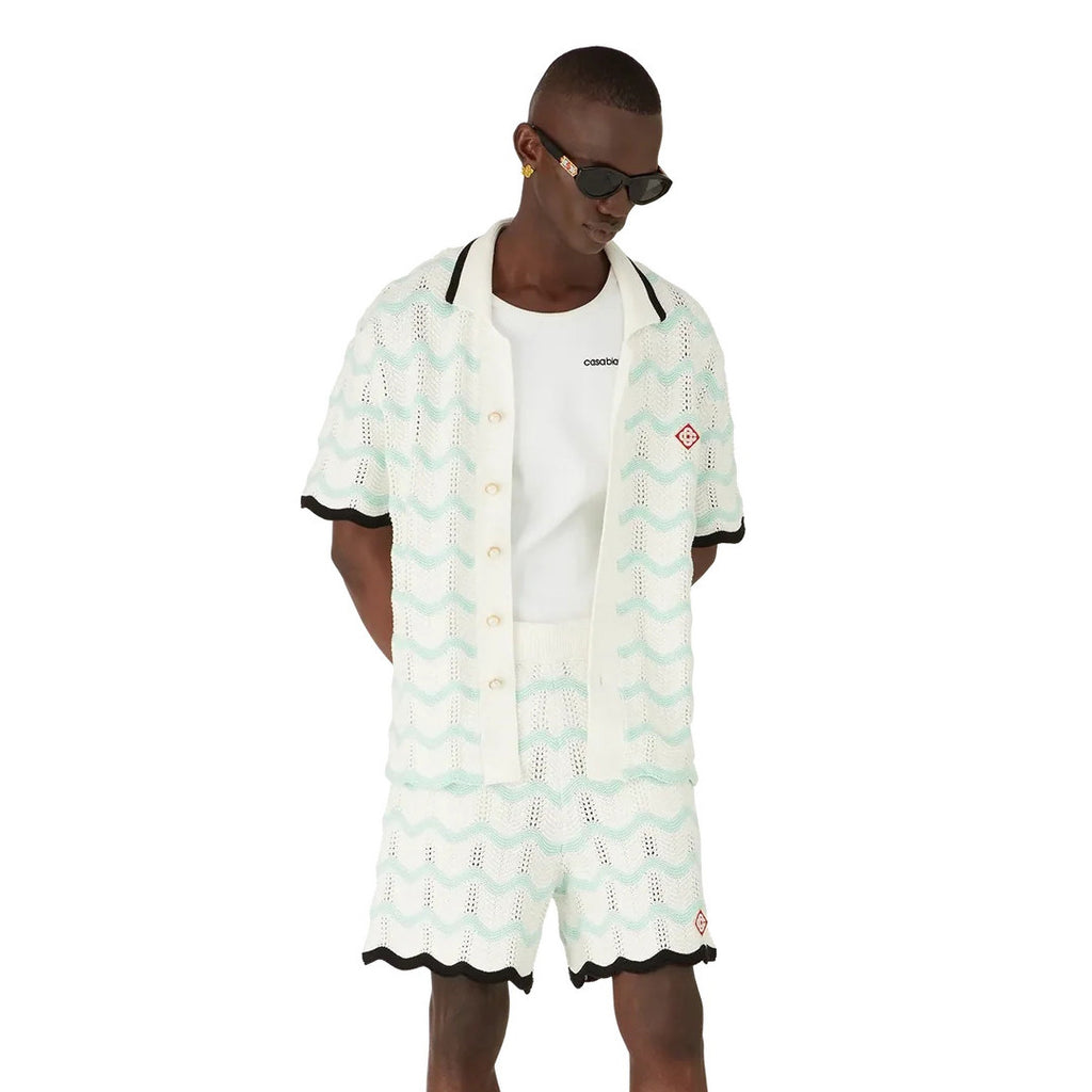 Casablanca Men's Summer Fashion Casual Knit Arch Wave Pattern Woven Pure Cotton Single Breasted Collar Shirt Waist Elastic Short Pants Suit Set #78349
