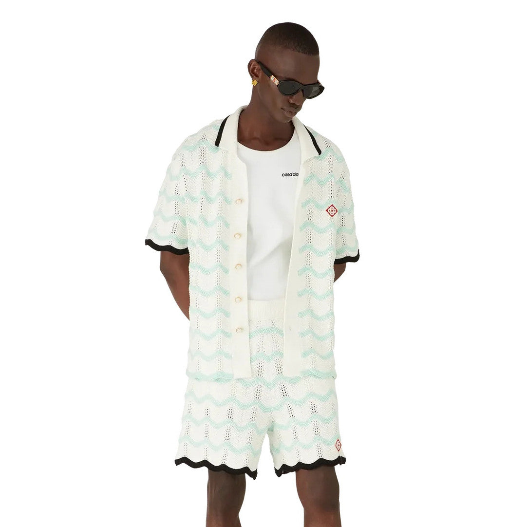 Casablanca Men's Summer Fashion Casual Knit Arch Wave Pattern Woven Pure Cotton Single Breasted Collar Shirt Waist Elastic Short Pants Suit Set #78349