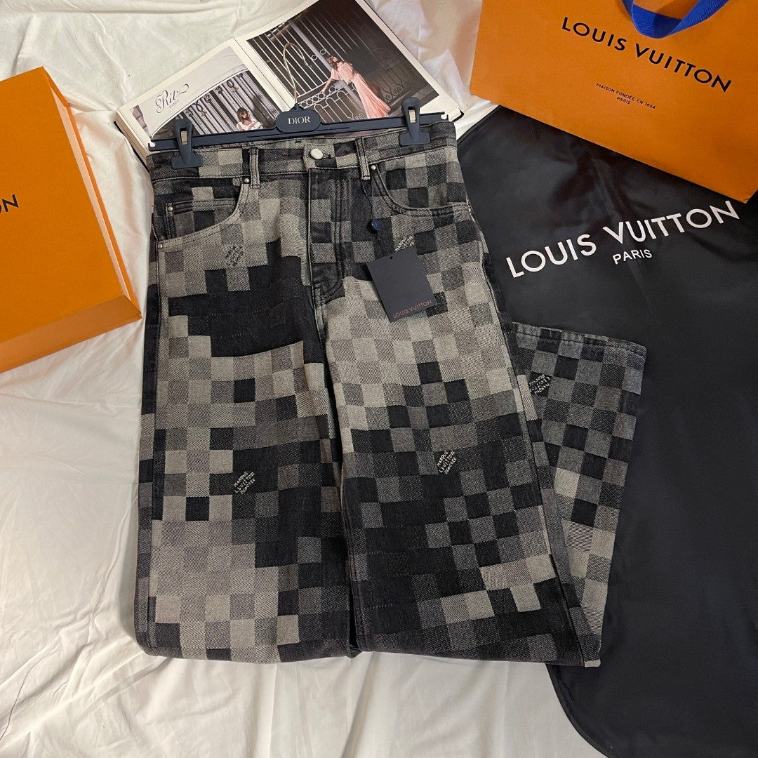 Louis Vuitton Men's Fall And Winter Black And White Plaid Old Print Single Breasted Long Sleeved Denim Jacket Straight Jeans Pants Suit Set #75477