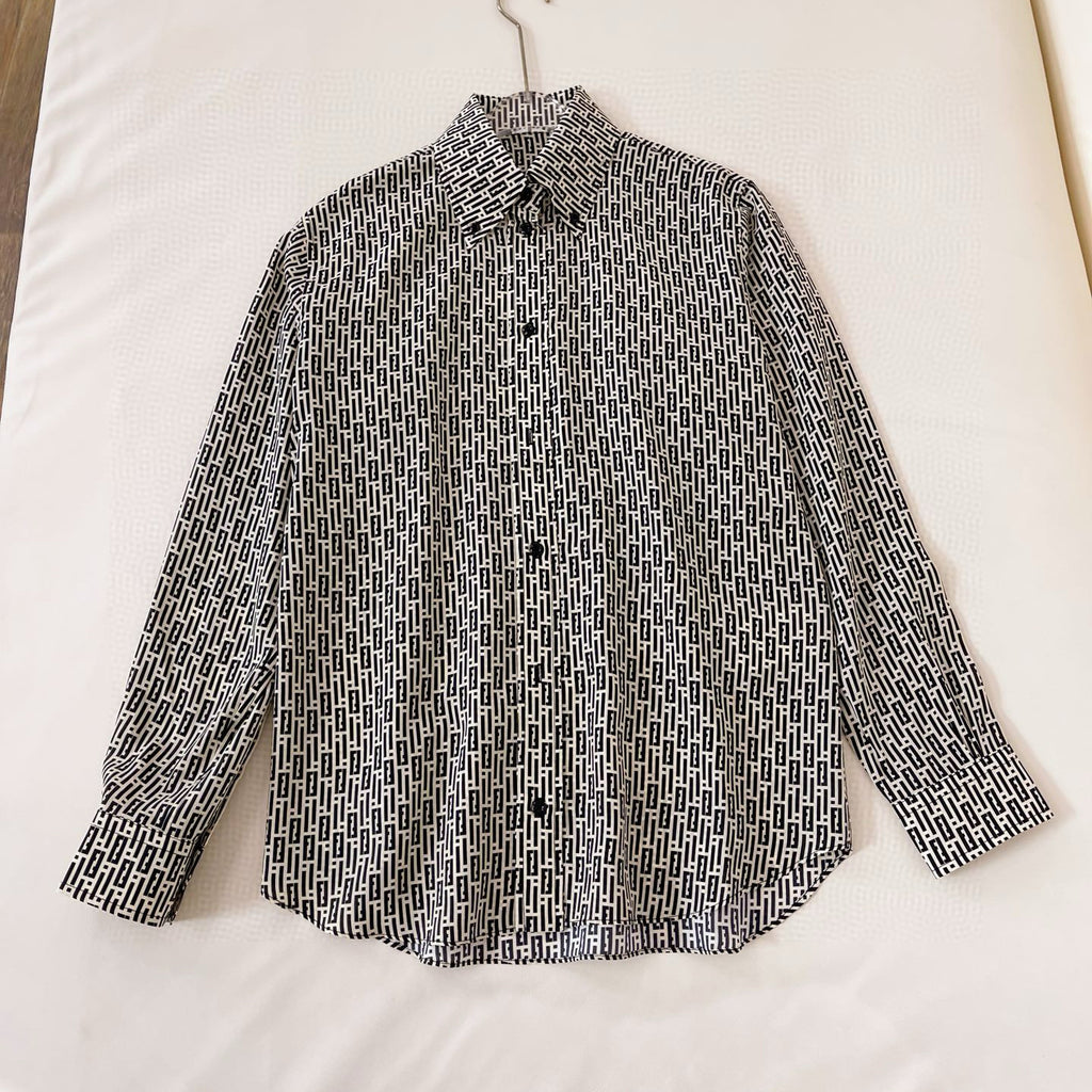 Fendi Women's Summer Black and White Geometric Pattern Single Breasted Lapel Long Sleeve Shirt #98776