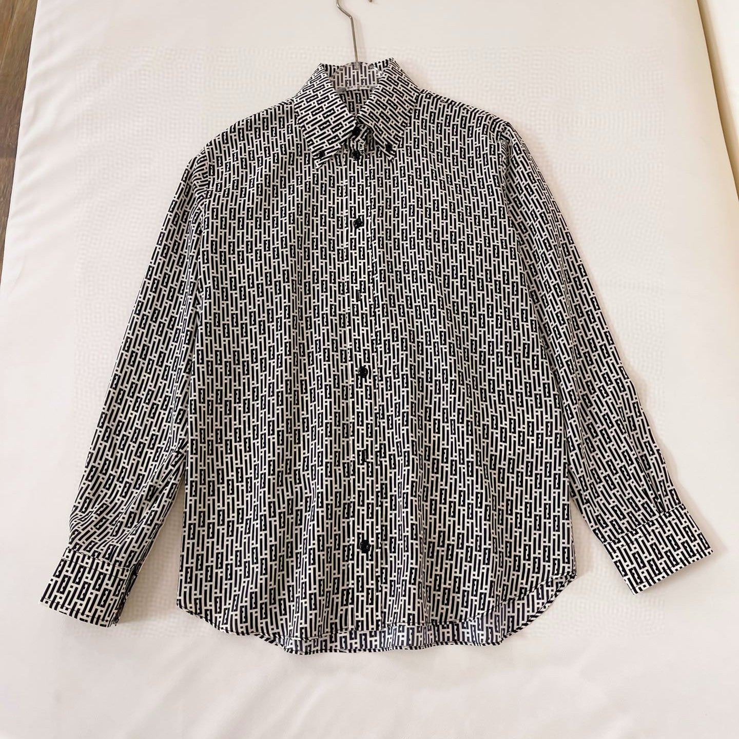 Fendi Women's Summer Black and White Geometric Pattern Single Breasted Lapel Long Sleeve Shirt #98776