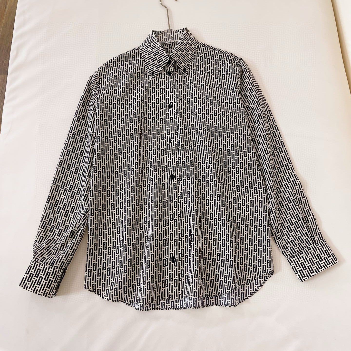Fendi Women's Summer Black and White Geometric Pattern Single Breasted Lapel Long Sleeve Shirt #98776
