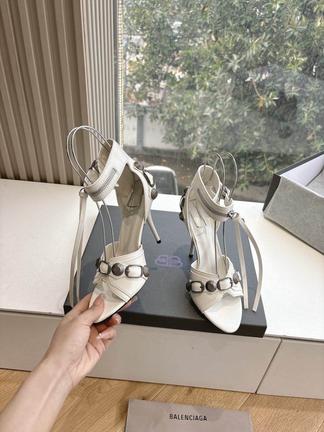 Balenciaga Cagole High Heeled Sandals Women's Spring And Summer Fashion Metal Rivets High Heeled Leather Shoes #81237