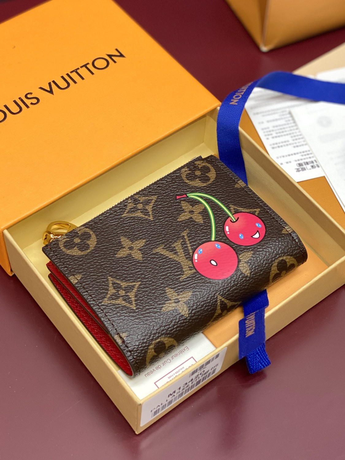 Louis Vuitton LV x TM LISA Women's Brown Letter Print Cherry Pattern Leather Wallet Bag Bags #77596