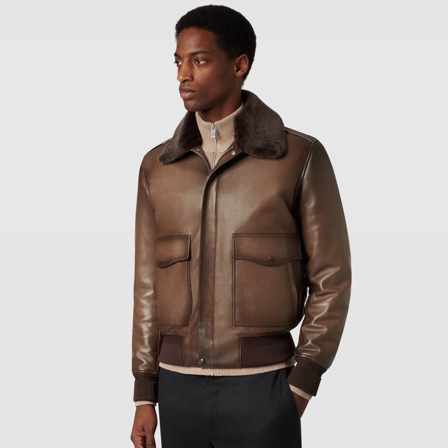 Berluti Men's Dyed Sheepskin Collar Zipper Solid Color Vintage-Washed Spring/Fall Fitted Casual Pilot Jacket Ngvp #2544