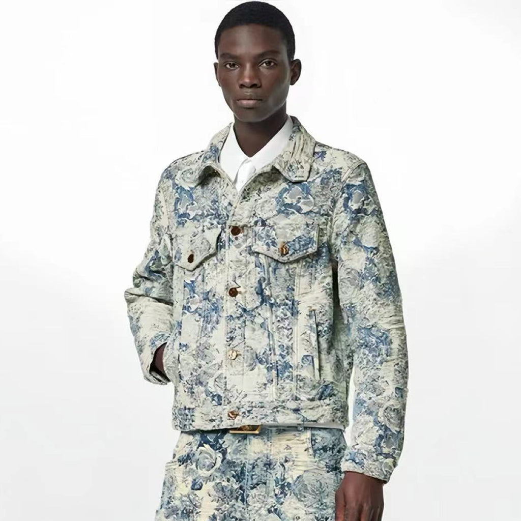 Louis Vuitton Men's Women's Spring And Autumn Cotton Denim Jacquard Embroidered Flower Denim Jacket Lapel Casual Jacket #99381