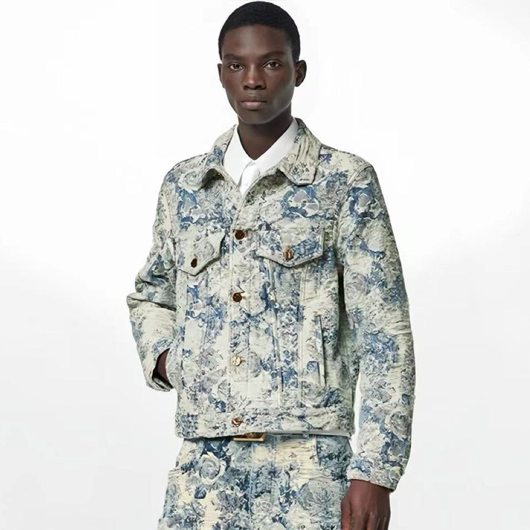Louis Vuitton Men's Women's Spring And Autumn Cotton Denim Jacquard Embroidered Flower Denim Jacket Lapel Casual Jacket #99381