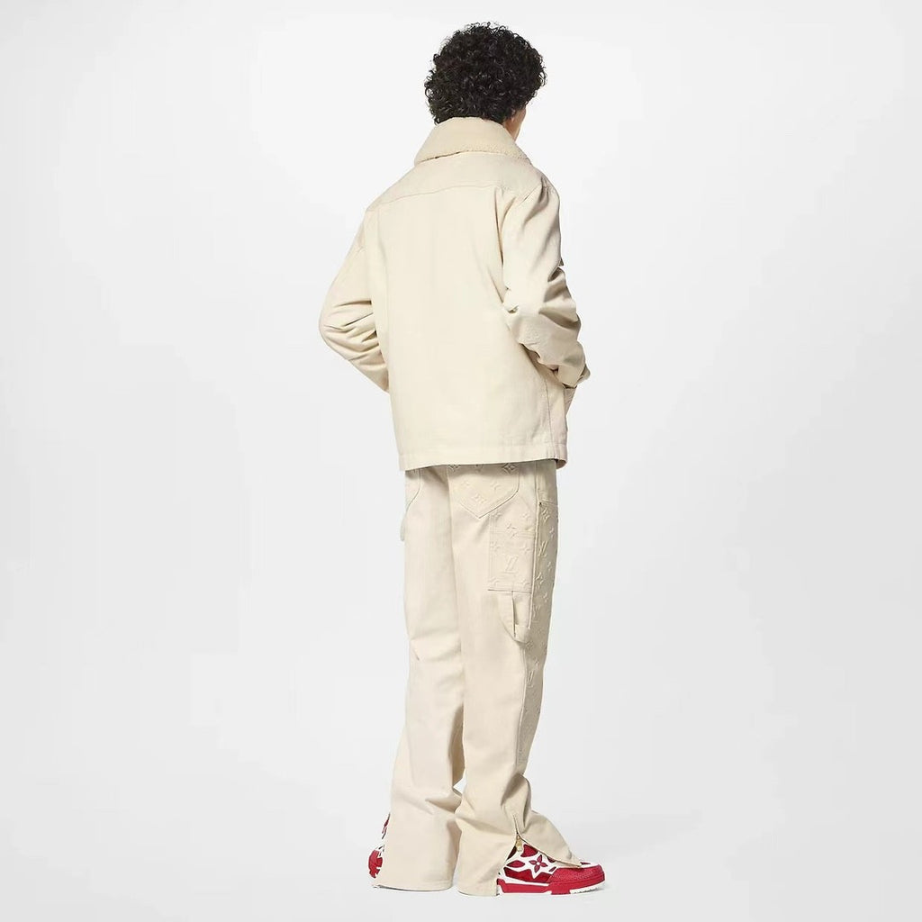 Louis Vuitton Men's Autumn and Winter Solid Color Letter Printed Cashmere Wool Collar Pocket Jacket Slim Straight Pants Suit Set #72811