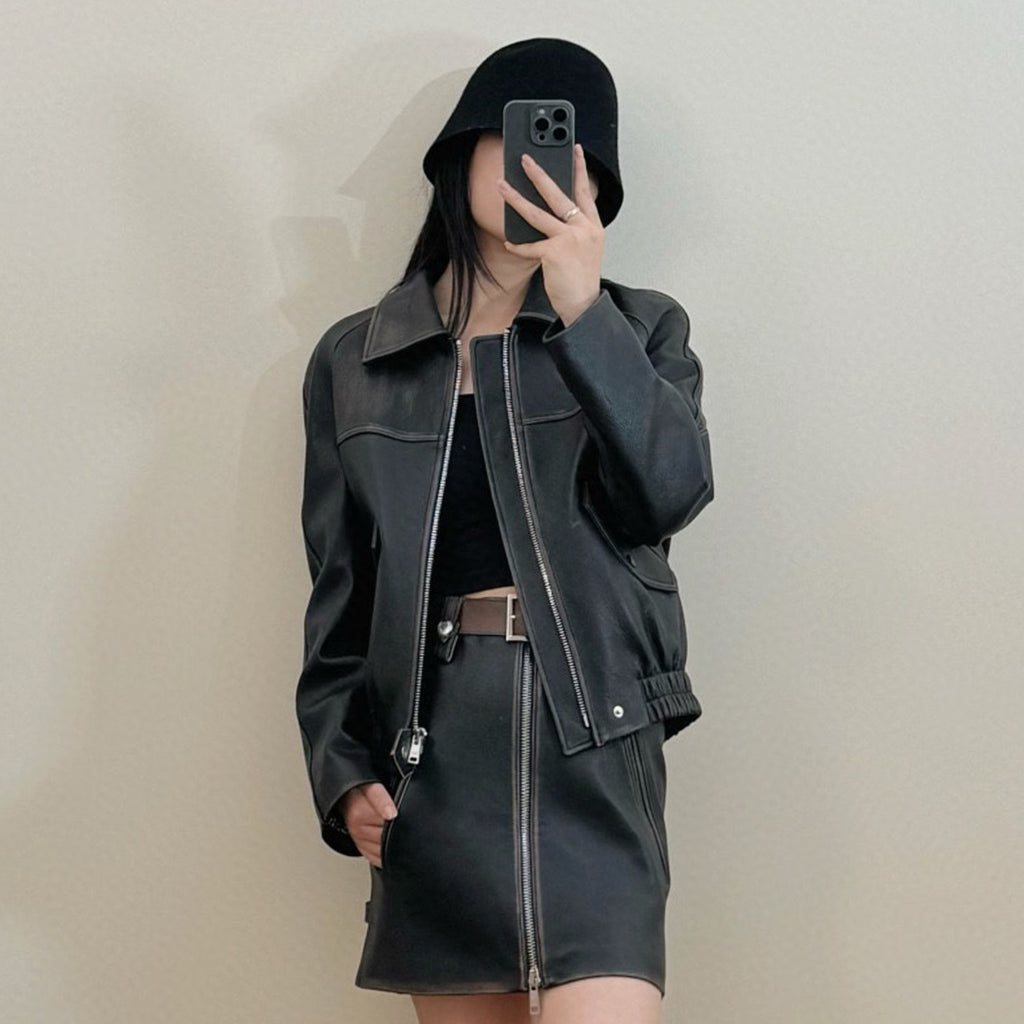 Prada Men's Women's Autumn And Winter Retro High Street Biker Wind Leather Jacket Lapel Zipper Jacket Coat  Ngvp #8946