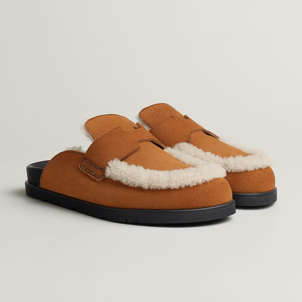 Hermes Men's Spring And Summer Solid Color Calfskin Round Head Flat Bottom Baotou Birkenstock Slippers Shoes #75495