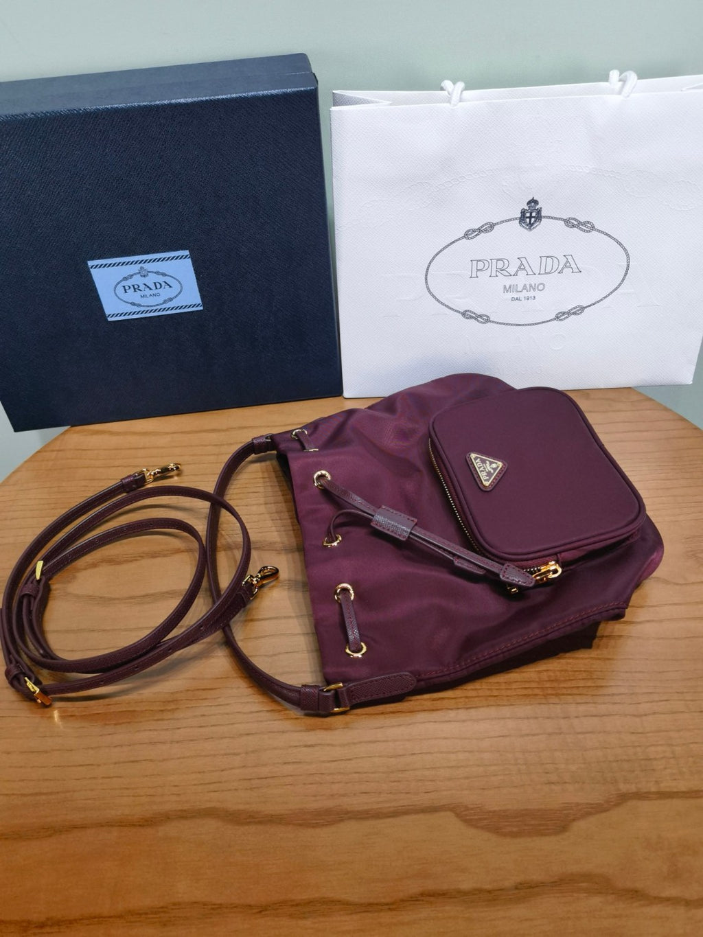 Prada Duet Recycled Nylon Bucket Bag Drawstring Closure Shoulder Bag #332667