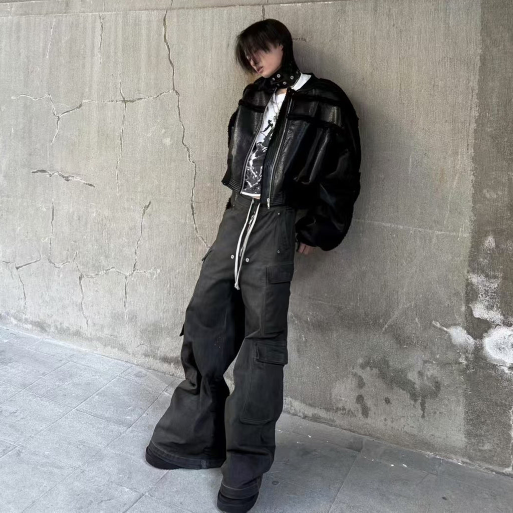Rick Owens Ro Fur One Autumn And Winter New Fashion Splicing Leather Jacket Coat High Street Trend Hip Hop Dark Style Warm Coat Ngvp #9719