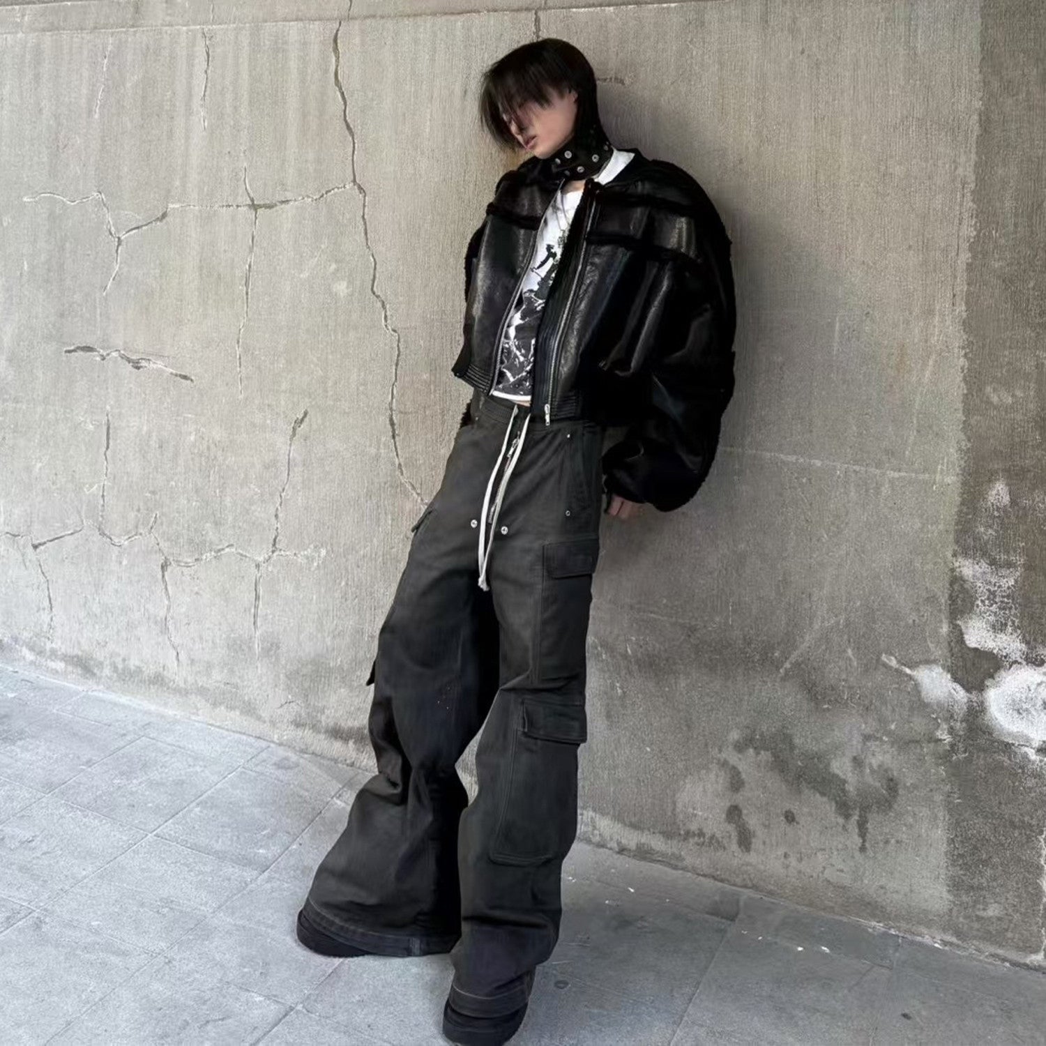Rick Owens Ro Fur One Autumn And Winter New Fashion Splicing Leather Jacket Coat High Street Trend Hip Hop Dark Style Warm Coat Ngvp #9719