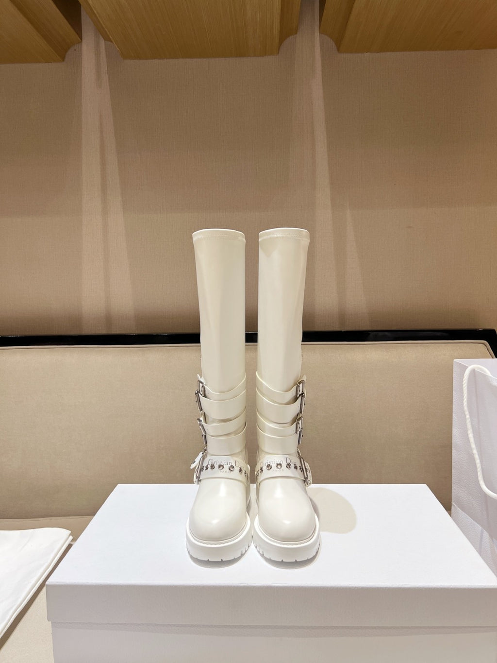 Dior D-Fight Women's Classic Trendy Round-Toe Zipper Chunky Heel Leather Knee-High Boots Shoes #78765