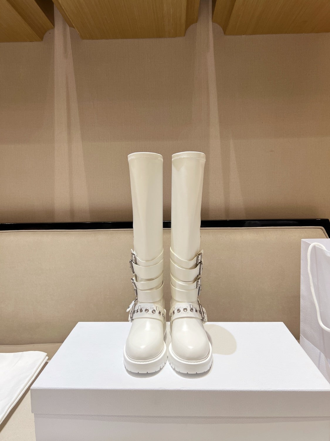 Dior D-Fight Women's Classic Trendy Round-Toe Zipper Chunky Heel Leather Knee-High Boots Shoes #78765