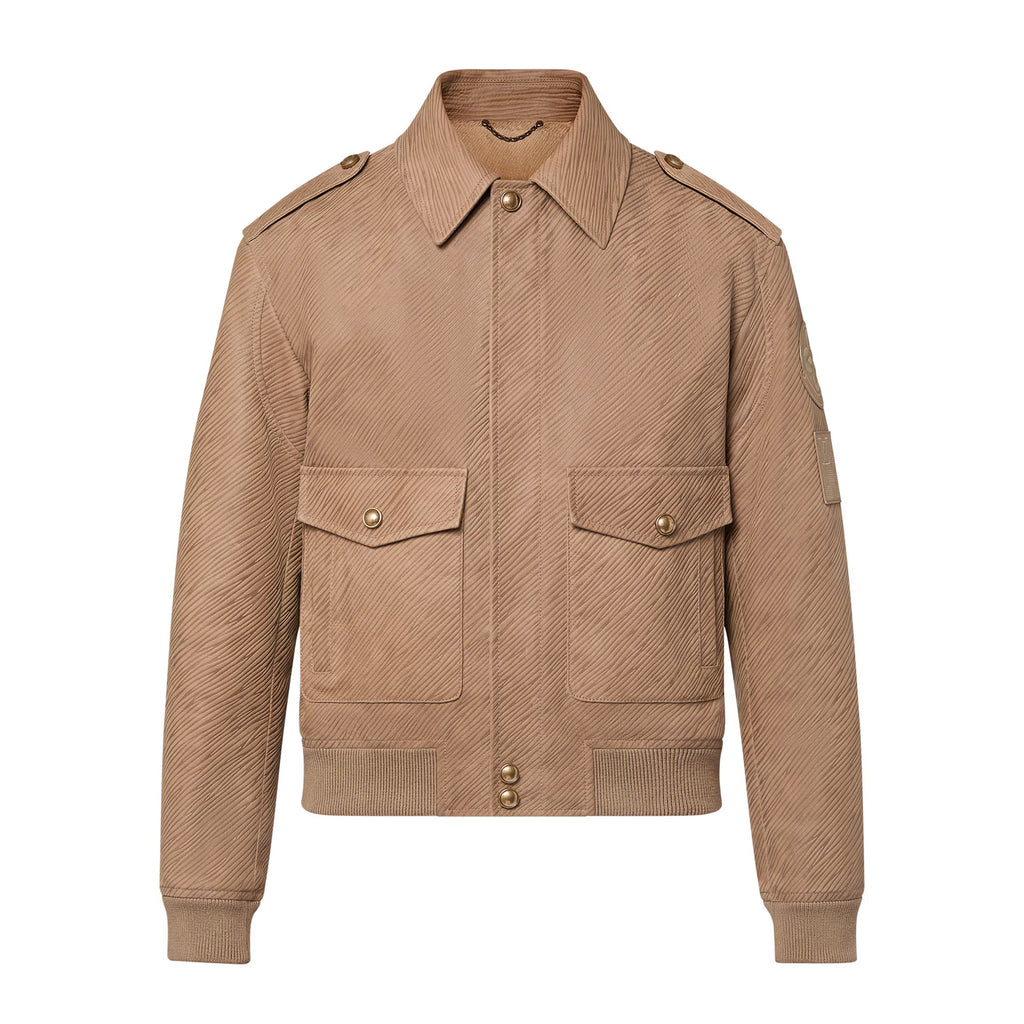 Louis Vuitton Men's Autumn and Winter Solid Color Lapel Twill Fabric Calfskin Long Sleeve Aviator Jacket #74574