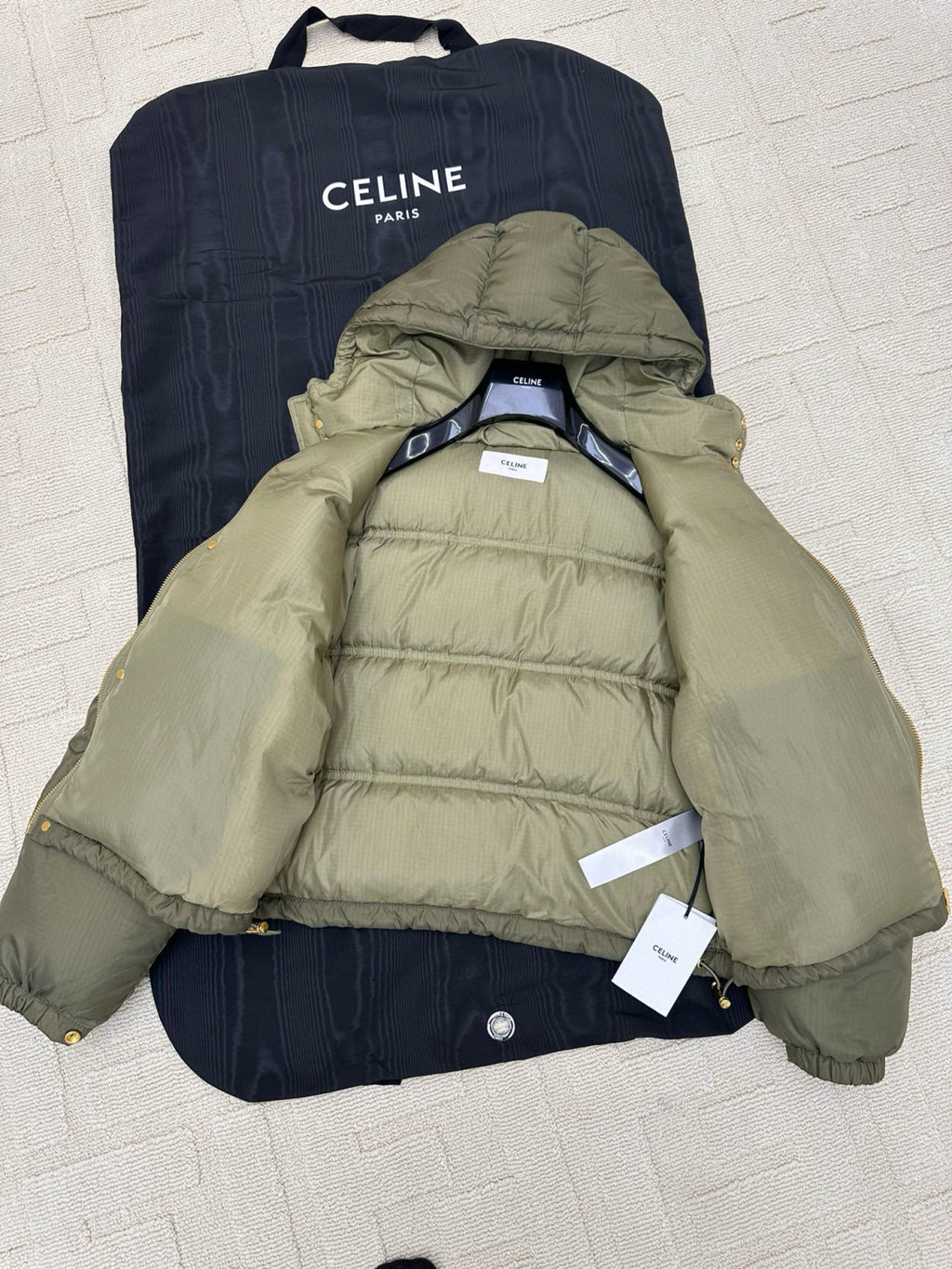 Celine Men's And Women's Winter Fashion Casual Hooded Zipper Single Button Solid Color Logo Embellished Long Sleeve Down Jacket #79123