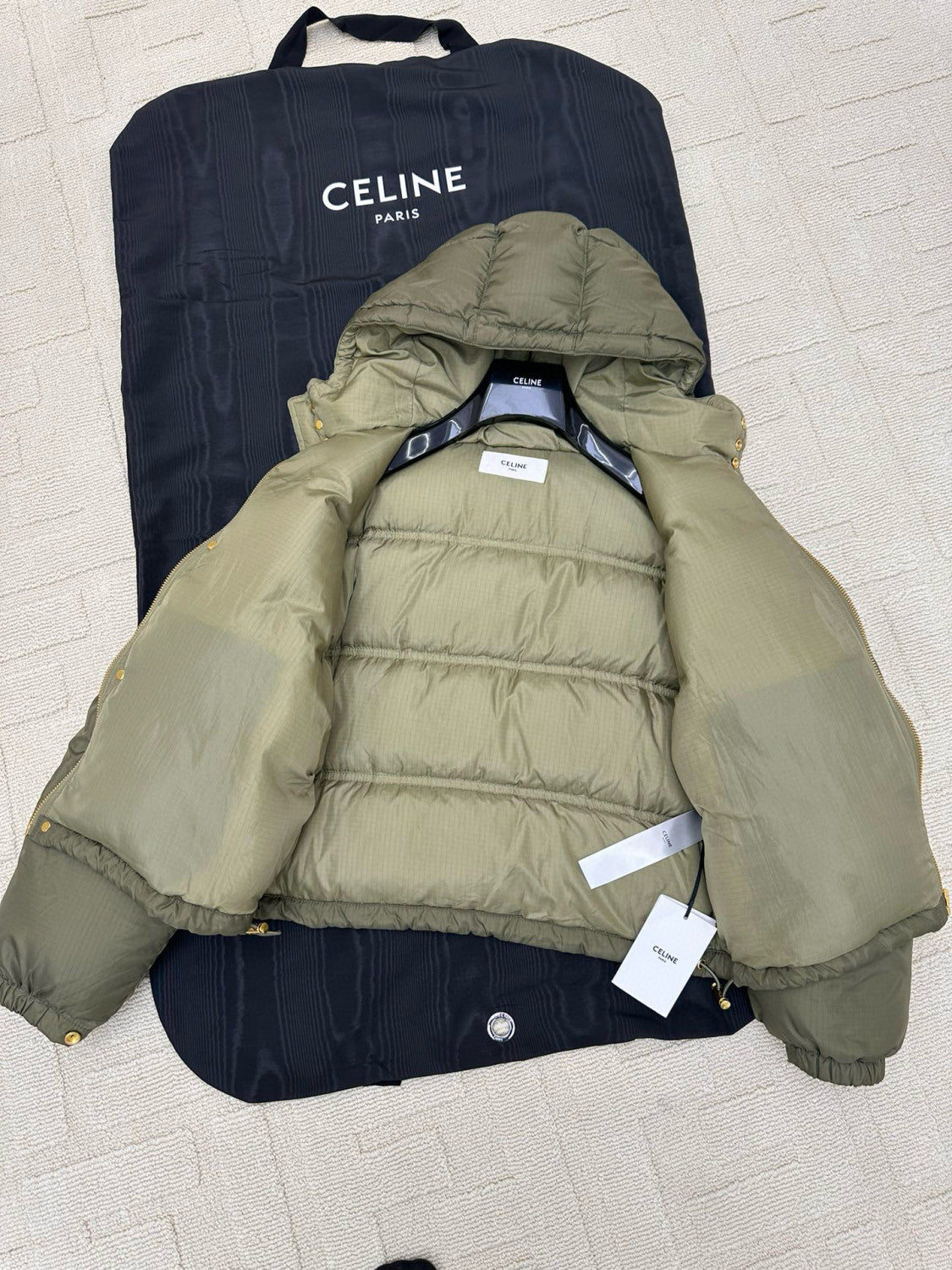 Celine Men's And Women's Winter Fashion Casual Hooded Zipper Single Button Solid Color Logo Embellished Long Sleeve Down Jacket #79123