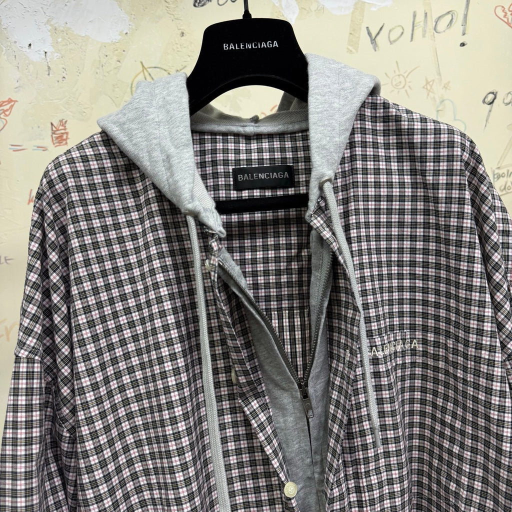 Balenciaga Men's Spring/Autumn Checkered Print Cotton Hooded Single-Breasted Zipper Long-Sleeved Shirt #77746