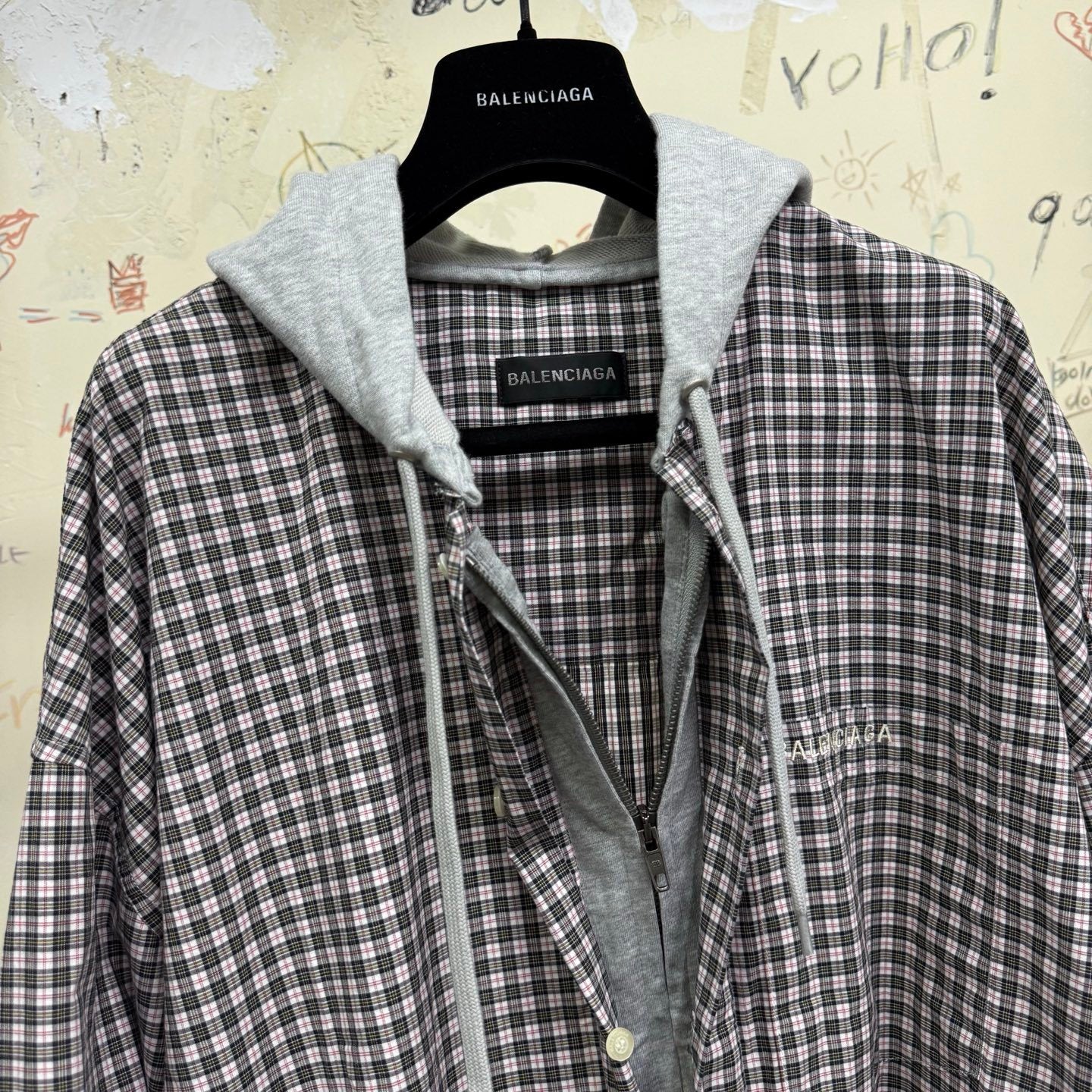 Balenciaga Men's Spring/Autumn Checkered Print Cotton Hooded Single-Breasted Zipper Long-Sleeved Shirt #77746