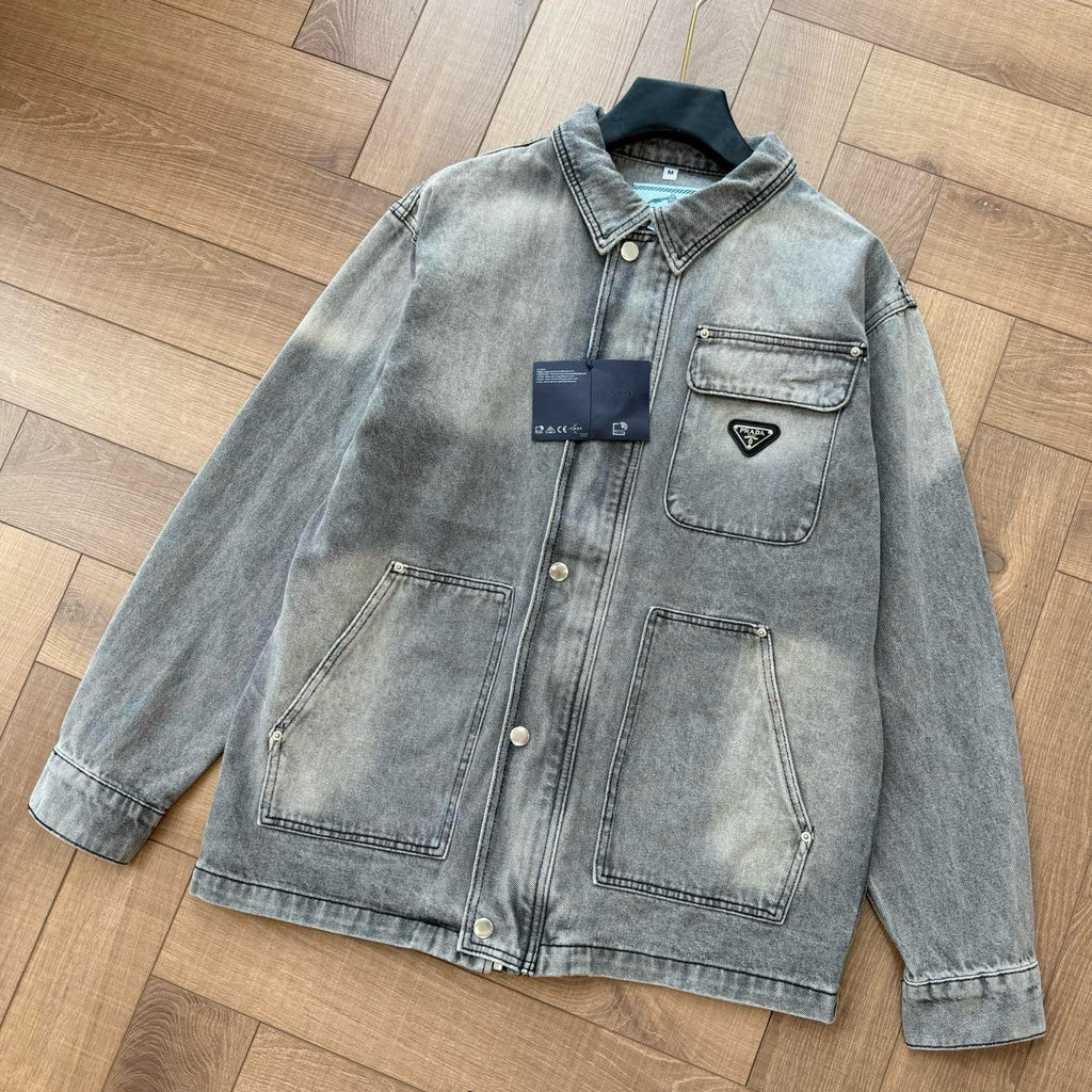 Prada Men's Spring/Autumn Solid Color Triangle Logo Single-Breasted Casual Denim Jacket #77989
