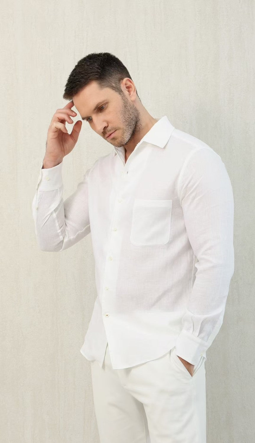 Loro Piana Men's Spring And Summer Solid Color André Shirt Lapel Single-breasted Linen Shirt Ngvp #7962