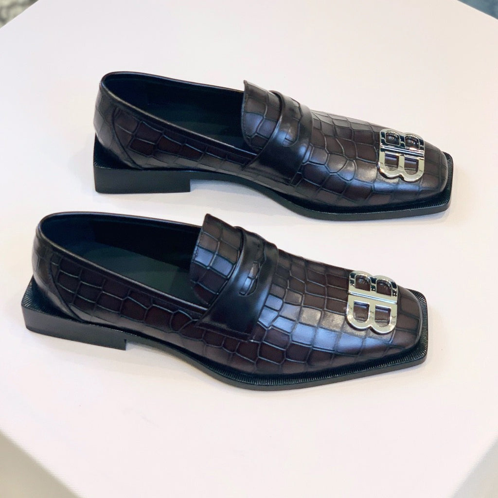 Balenciaga Men's Solid Colour Square Toe Metal BB Logo Cowhide Leather Shoes #77218