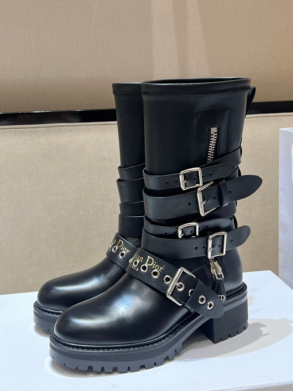 Dior D-Fight Women's Fall/Winter Fashion Classic Round-Toe Leather Ankle Boots with Chunky Heels Shoes #78764