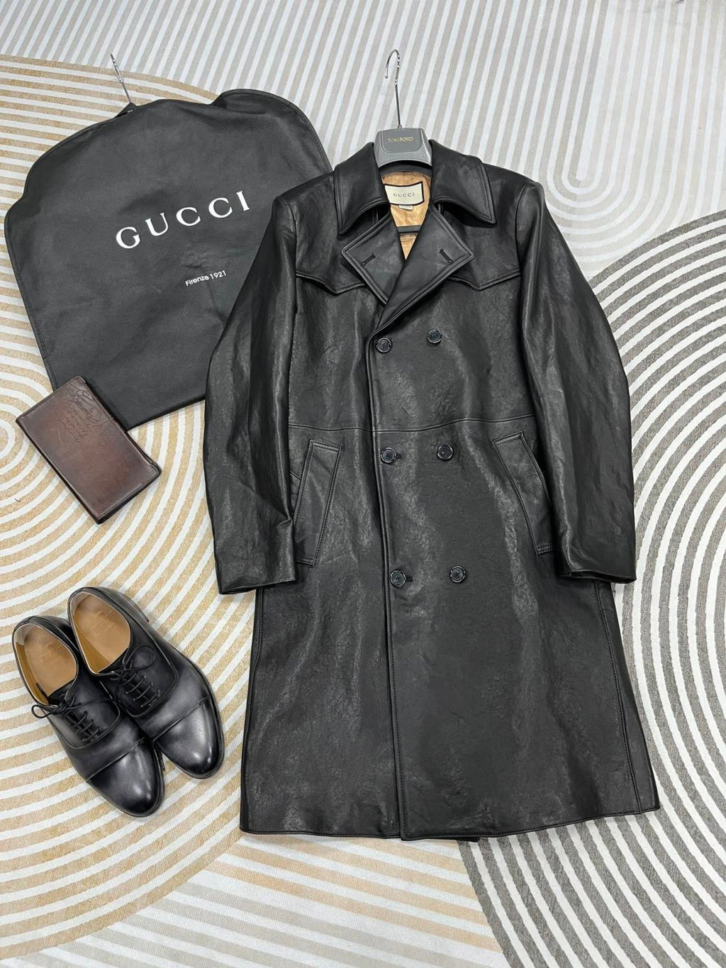 Gucci Men's Fall And Winter Black Double Breasted Lace Up Drawstring Lambskin Long Coat Jacket #99879