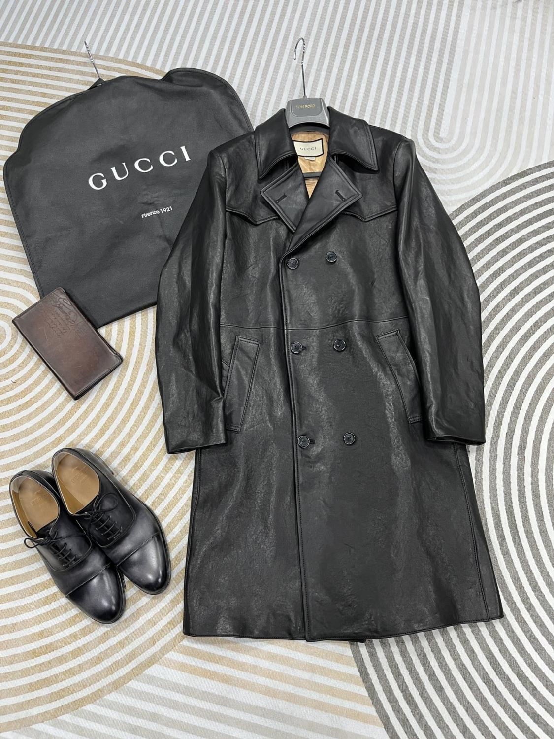 Gucci Men's Fall And Winter Black Double Breasted Lace Up Drawstring Lambskin Long Coat Jacket #99879