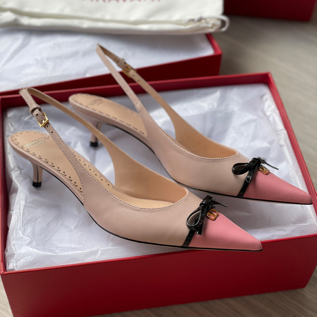 Valentino Bepointy Slingback Pump In Patent Leather And Kidskin Bow V-mark Shoes Fashionable Elegant Exquisite Luxurious Small High Heels 4cm 8cm Ngvp #2246