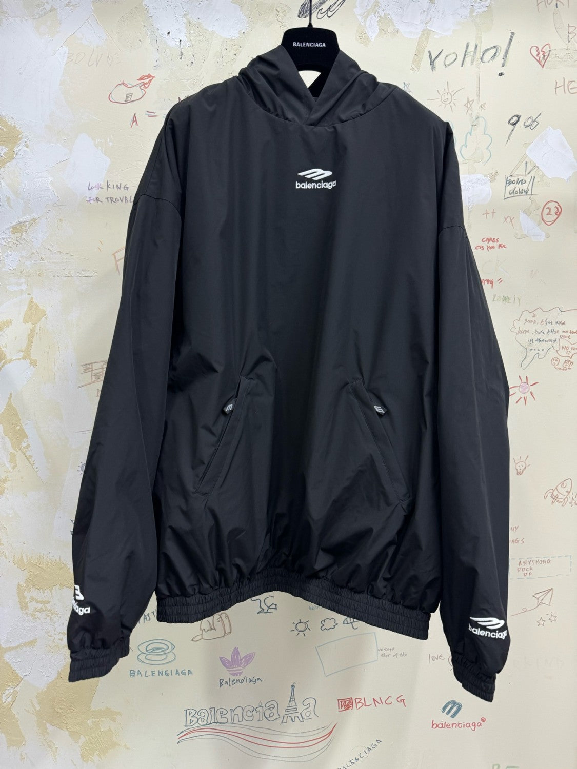 Balenciaga Men's Black Spring and Fall Logo Embroidered Printed Hooded Parker Ski Sweatshirt #75147