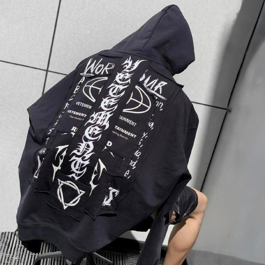 Vetements Men's Fashion Letter Graffiti Pentagram Embroidery Loose Black Zipper Long Sleeve Hoodie Ngvp #7796