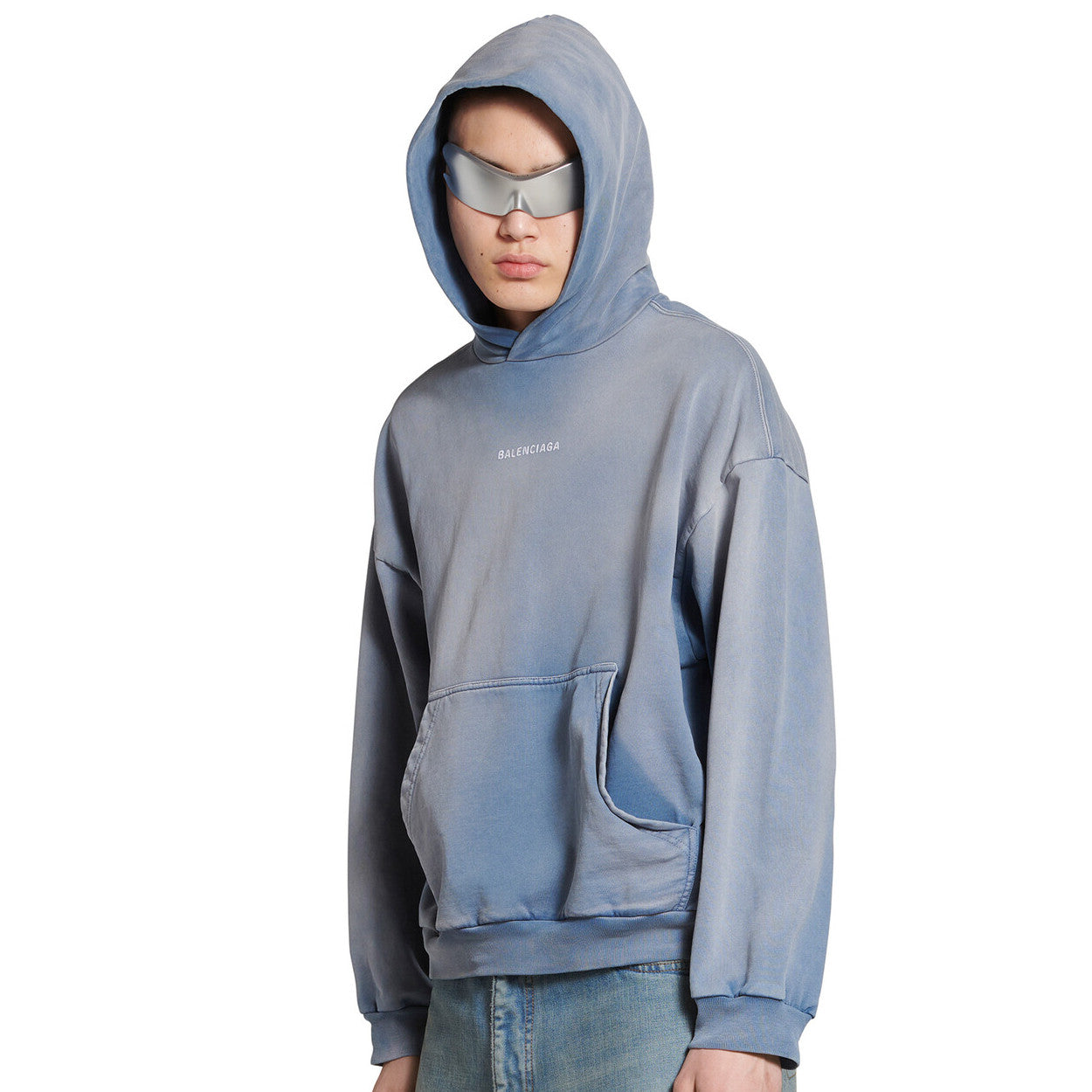 Balenciaga Men's Spring and Fall Blue Tie-Dye Gradient Embroidered Logo Regular Fit Hooded Sweatshirt Pullover #98388
