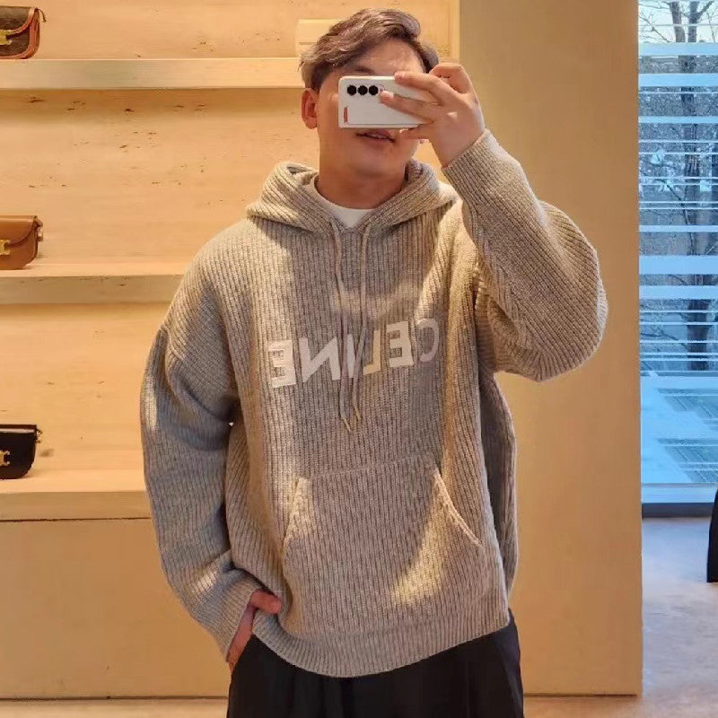 Celine Men's and Women's Autumn/Winter Grey Ribbed Wool Knit Hooded Sweatshirt Pullover #97672