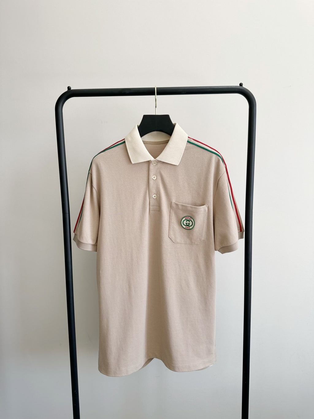 Gucci Men's Summer Khaki Striped Trim Cotton Polo Neck Short Sleeve T-Shirt #98683