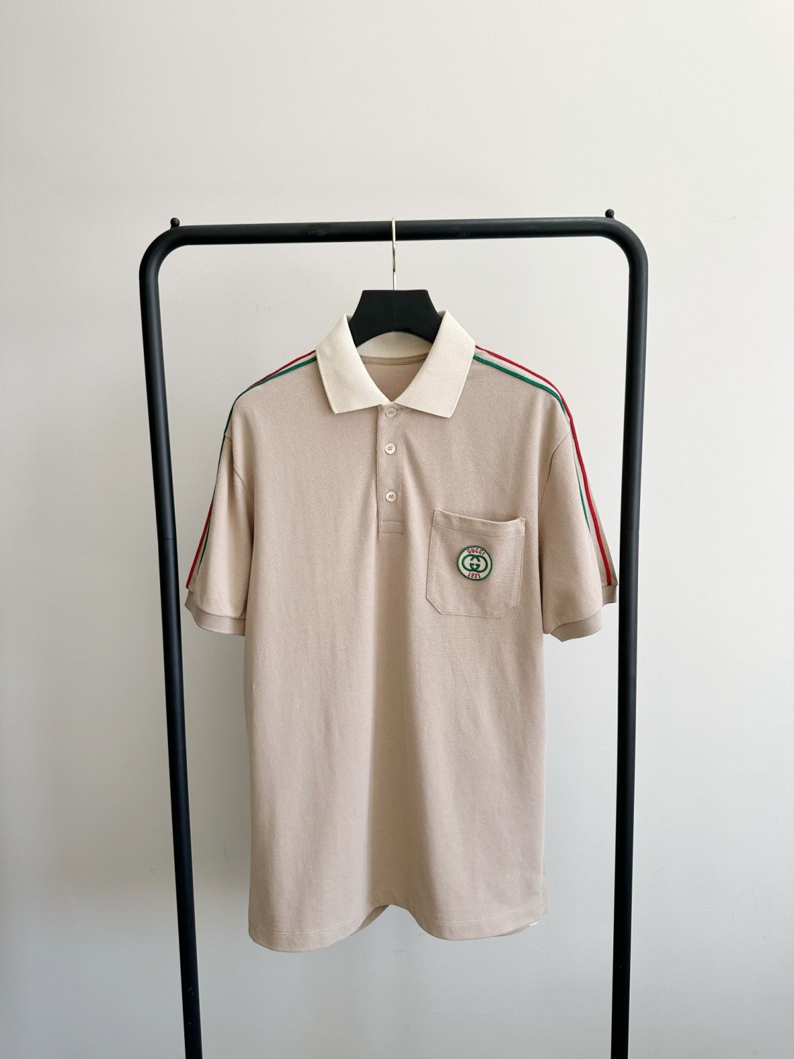 Gucci Men's Summer Khaki Striped Trim Cotton Polo Neck Short Sleeve T-Shirt #98683