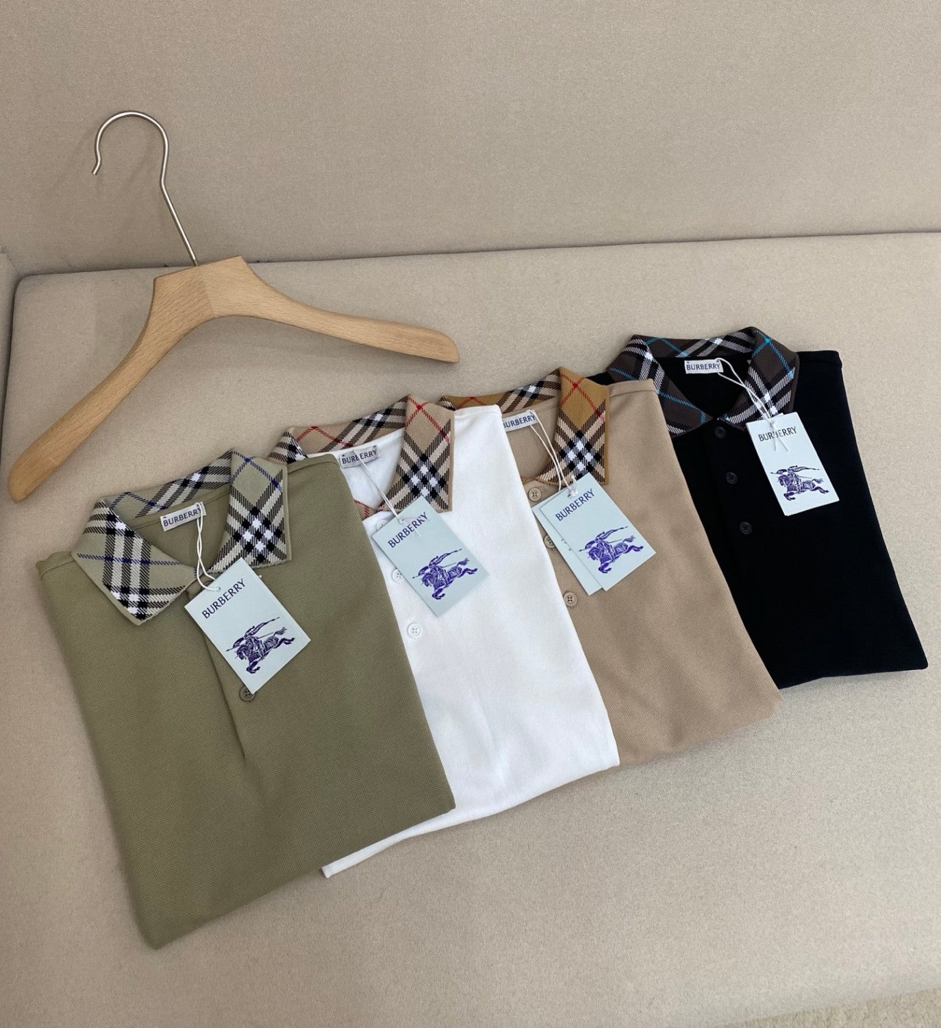 Burberry Men's Summer Check Printed Polo Neck Solid Color Short Sleeve T-Shirt #77499