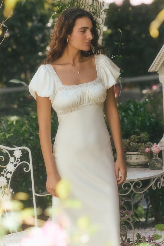 Catherine Ivory Satin Puff Sleeve Slip Midi Dress