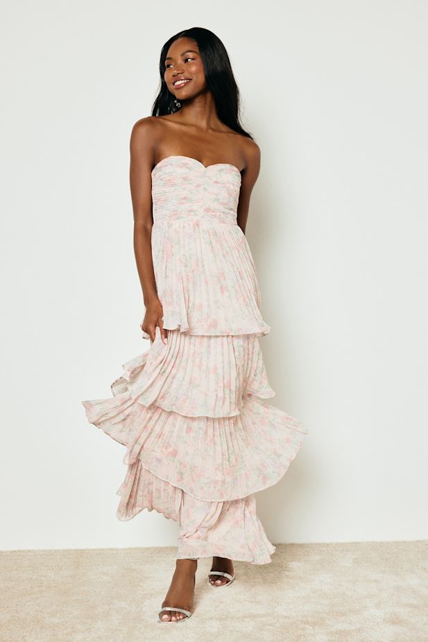 Seriously Sensational Blush Floral Strapless Tiered Maxi Dress