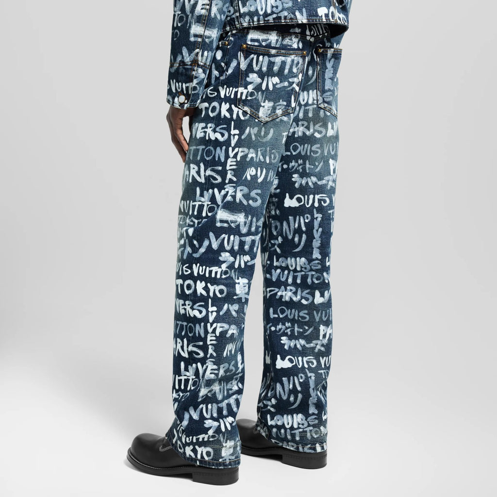 Louis Vuitton Men's Spring/Fall Fashion Casual Full Letter Graffiti Jeans Pants #79433