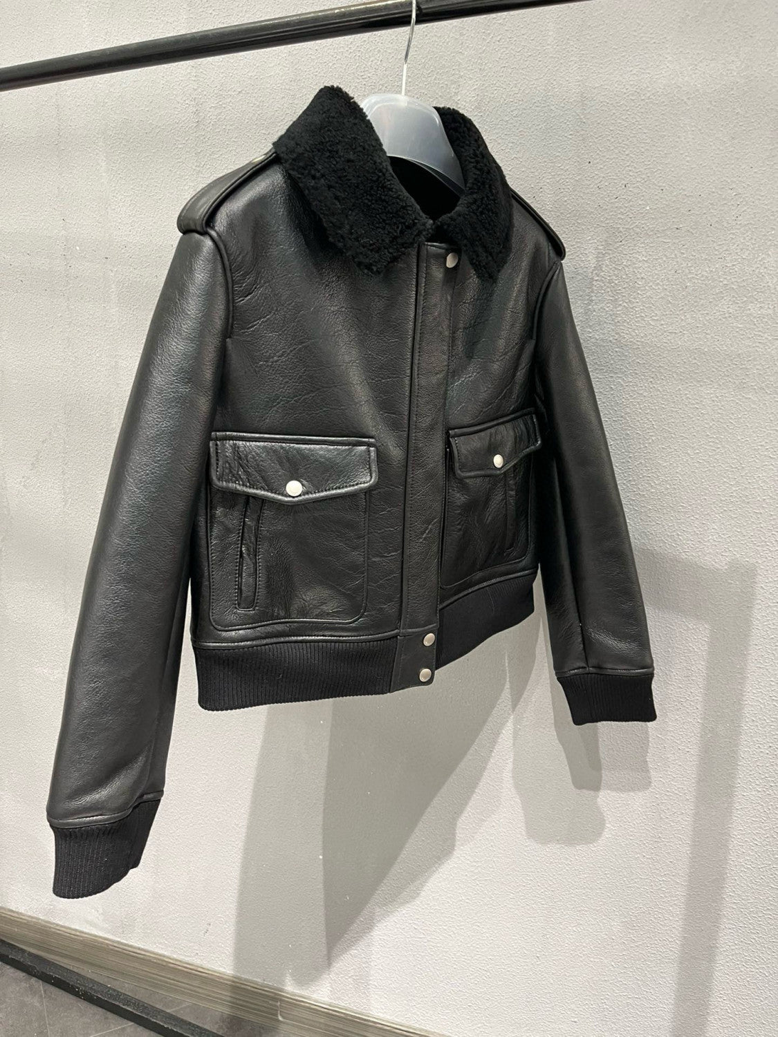 Saint Laurent Men's Winter Black Pilot Single Breasted Zipper Leather Jacket #98459
