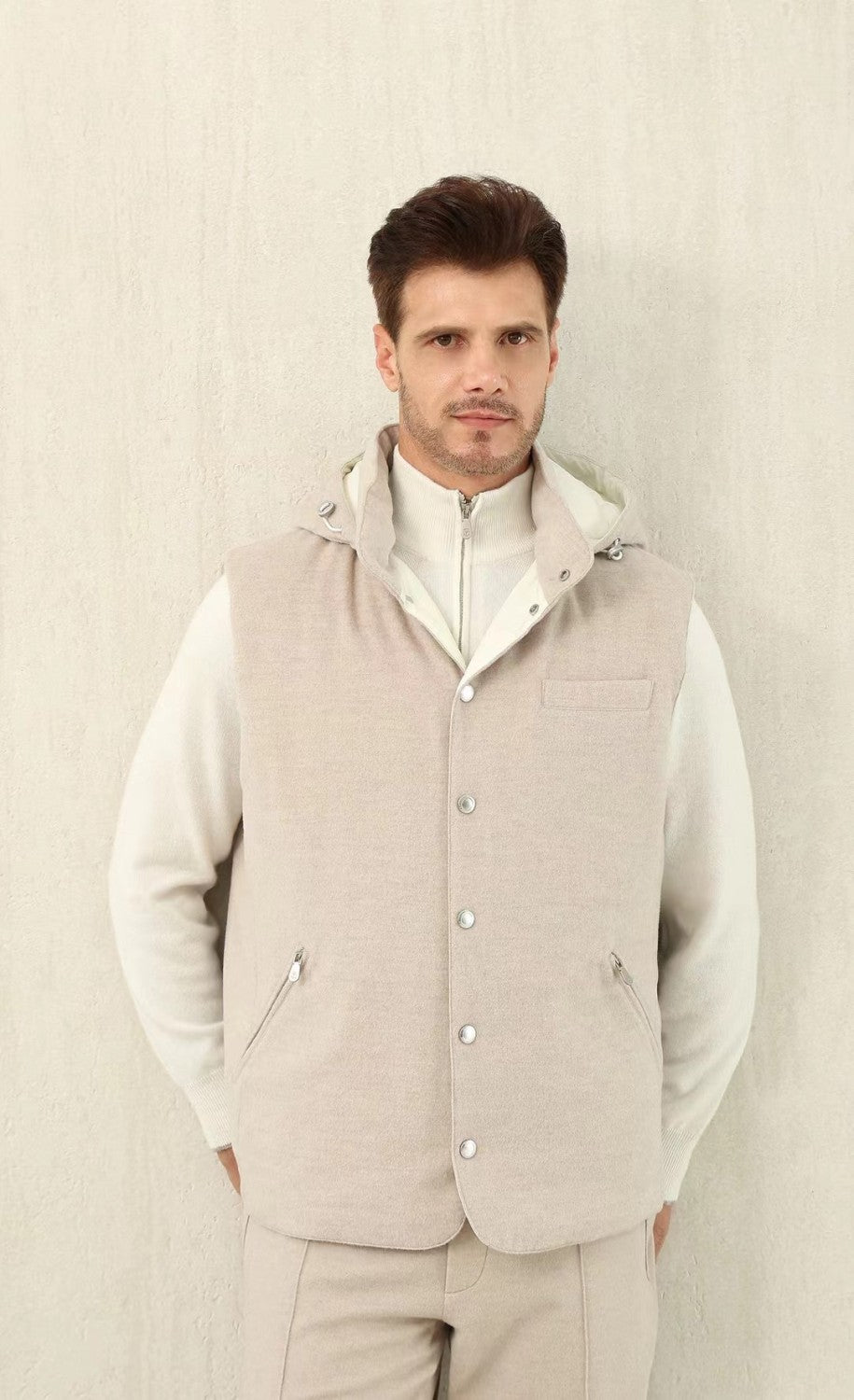 Brunello Cucinelli Men's Spring/Autumn Detachable Hooded Solid Color Single-Breasted Bonded Wool Flannel Down Vest Ngvp #2293