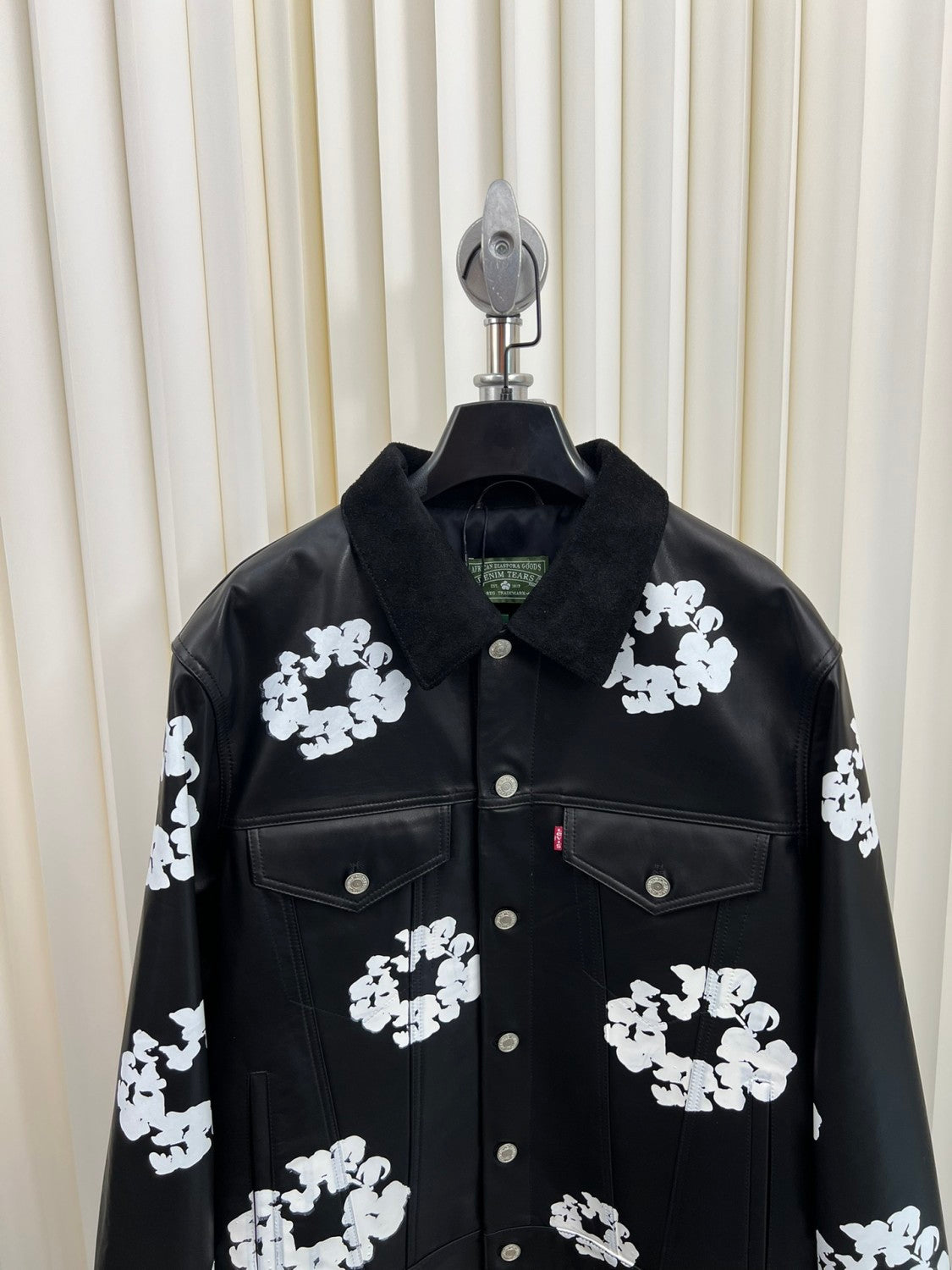 Denim Tears x Levi's Men's and Women's Autumn and Winter Black Leather Cotton Loop Logo Printed Lapel Single Breasted Long Sleeve Jacket Mid Calf Casual Pants Suit Set #74881