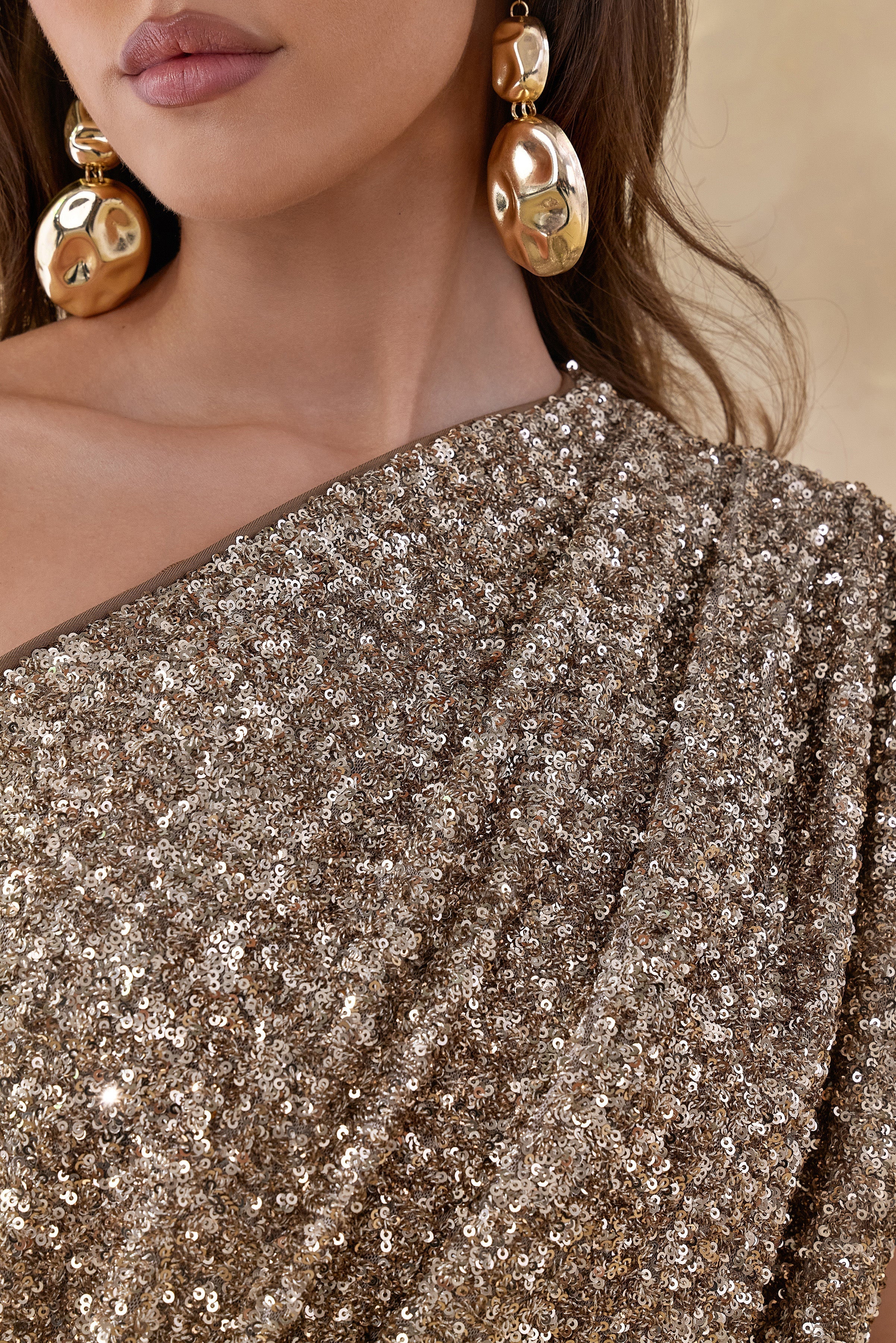 Liori | Champagne Sequin Asymmetric-Neck Maxi Dress With Sash