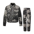 Louis Vuitton Men's Fall And Winter Black And White Plaid Old Print Single Breasted Long Sleeved Denim Jacket Straight Jeans Pants Suit Set #75477